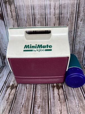 Vtg 90's Igloo MiniMate Button Cooler Lunch Box Cranberry Maroon Green w Thermos