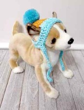 cappello fatto a mano all'uncinetto animale domestico cane gatto pom pom xs piccola razza arancione blu USA nuovo