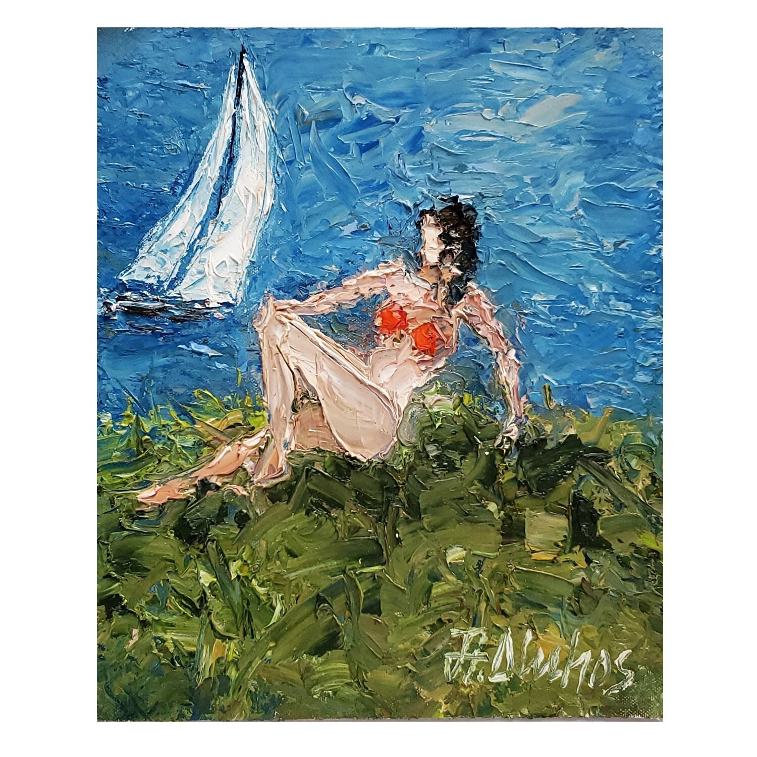 ANDRE DLUHOS Original Ocean Beach Woman Figure Oil Painting Summer Sea Art