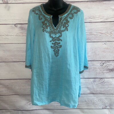 Chicos Womens Embellished Tunic M Blue Bronze Beads Linen 3/4 Sleeves B35 |  eBay