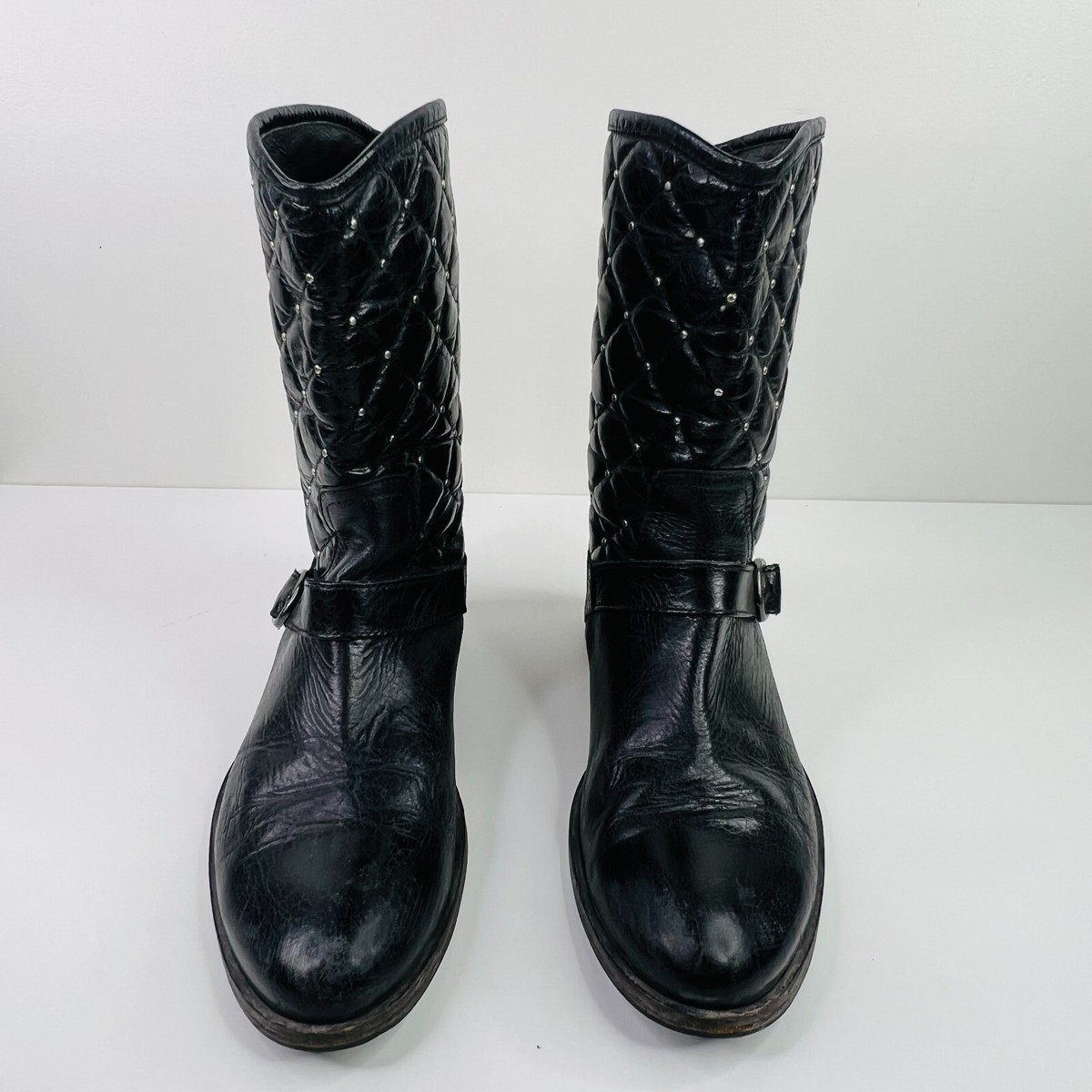 ロングブーツ VIA ROMA 15 FW25 EX ALTO CUCITO DAVANTI (3514 MARTORA) Via Roma 15 Boots Quilted Black Leather Moto Biker Size 38.5