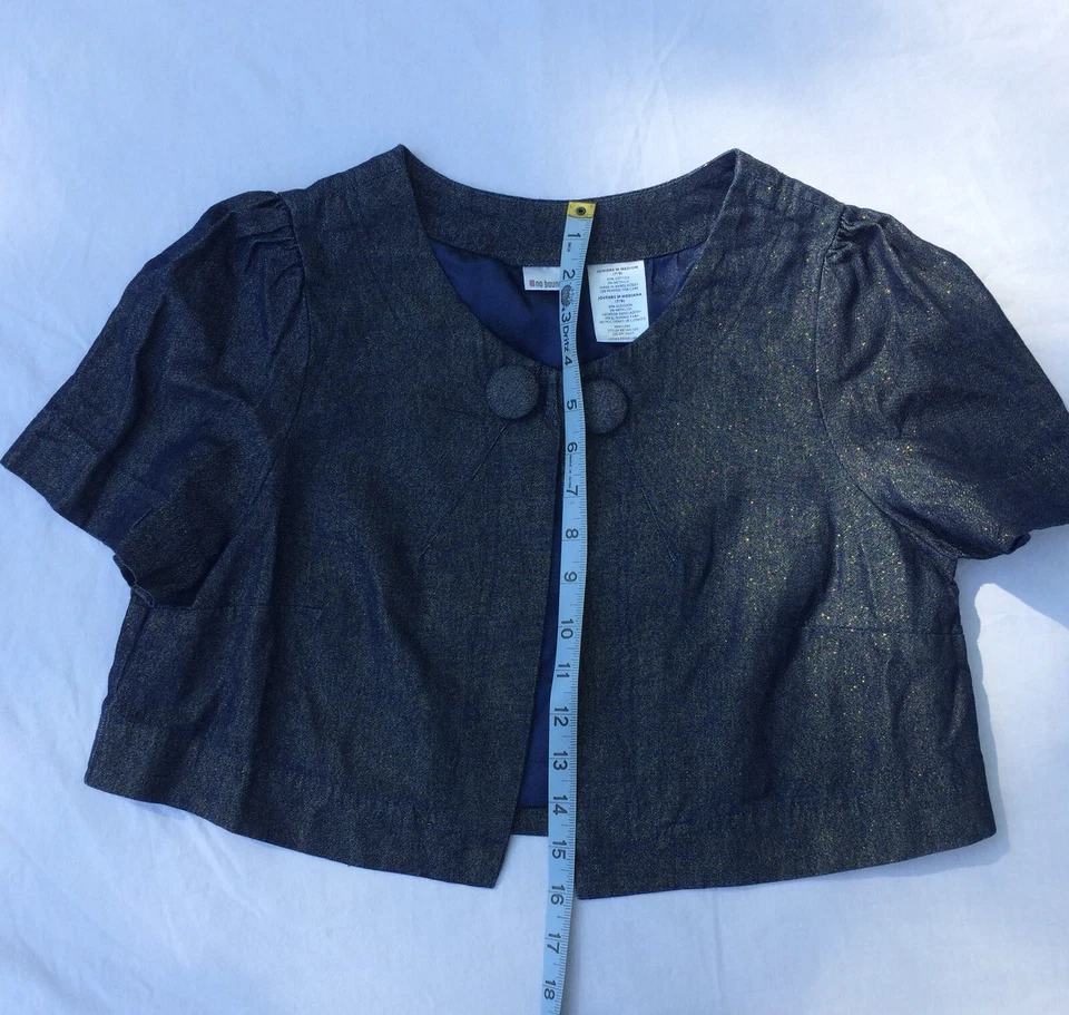 No Boundaries Juniors Medium 7/9 Jacket Cropped Blue Gold Flecks Top S/S - Image 3 of 4
