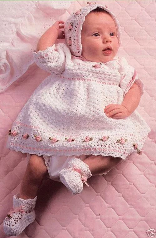 Christening Ensemble: thread crochet long or short gown bonnet booties bib more - Image 3 of 4