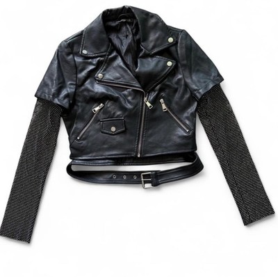 VALIANT Paris Faux Leather Moto Crop Jacket with Buckle Belt and Knit Sleeves