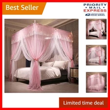 4 Corners Ruffle Bed Canopy Curtain in Pink & White - Cozy Mosquito Protection