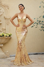 Gold Sequin Mermaid Gown, Elegant Deep V Neckline Formal Dress