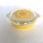 Pyrex Vtg Casserole Baking Dish 471 Yellow Sunflower Daisy 1 Pint/1.5 C 6" w/lid