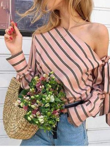 Fashionable Striped Bow Long Sleeve Shirt for Women Off Shoulder Style - Picture 10 of 40