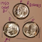 1950 P D S SILVER ROOSEVELT DIMES GEM BU D FULL BANDS! KEY DATE 500193 (3 COINS)
