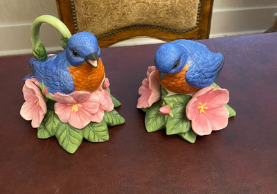 Lenox Porcelain Creamer & Sugar Bowl Set SUMMER GREETINGS Bluebird Pink Flowers