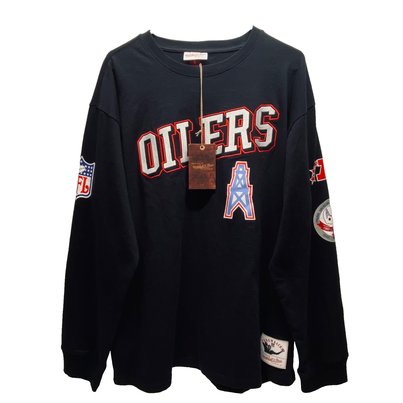 Ers Nfl Shirt Large Black Ls Vtg Logo Throwback Mitchell & N