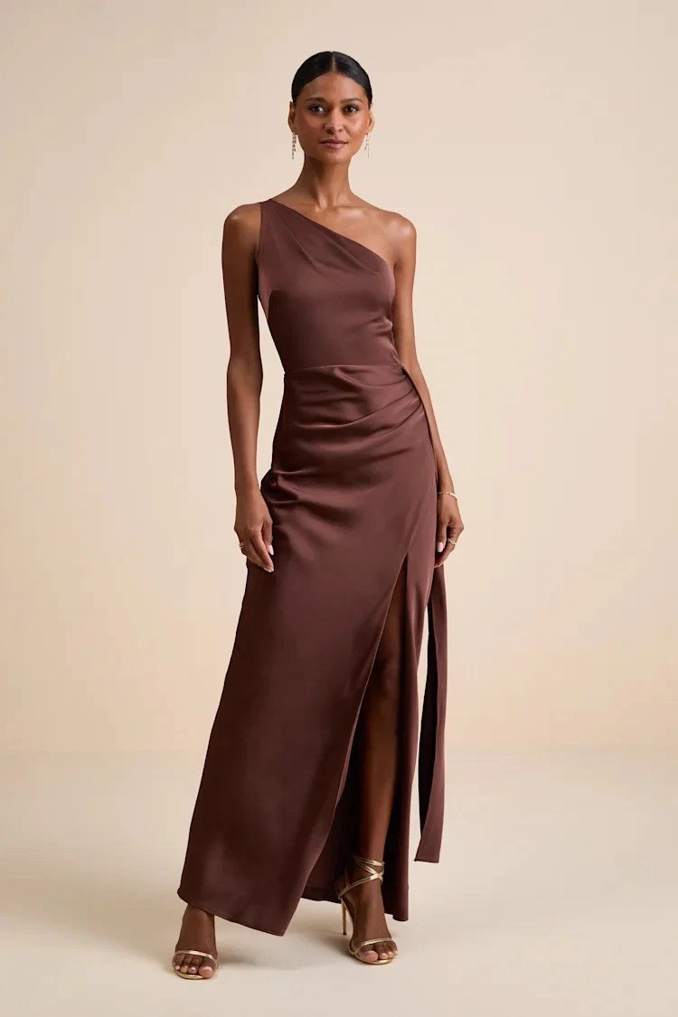 open lace back dress Fitted One Shoulder Satin Slit Gown by Ladivine B8401  ABC Fashion