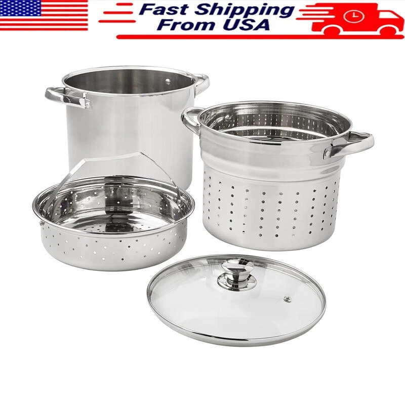 Stainless Steel 8-Quart Multi-Cooker Steamer Colander Glass Lid 4-Piece Set New