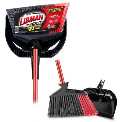 High Power Angle Broom and Dustpan Set with Red Steel Handle and Black Fibers