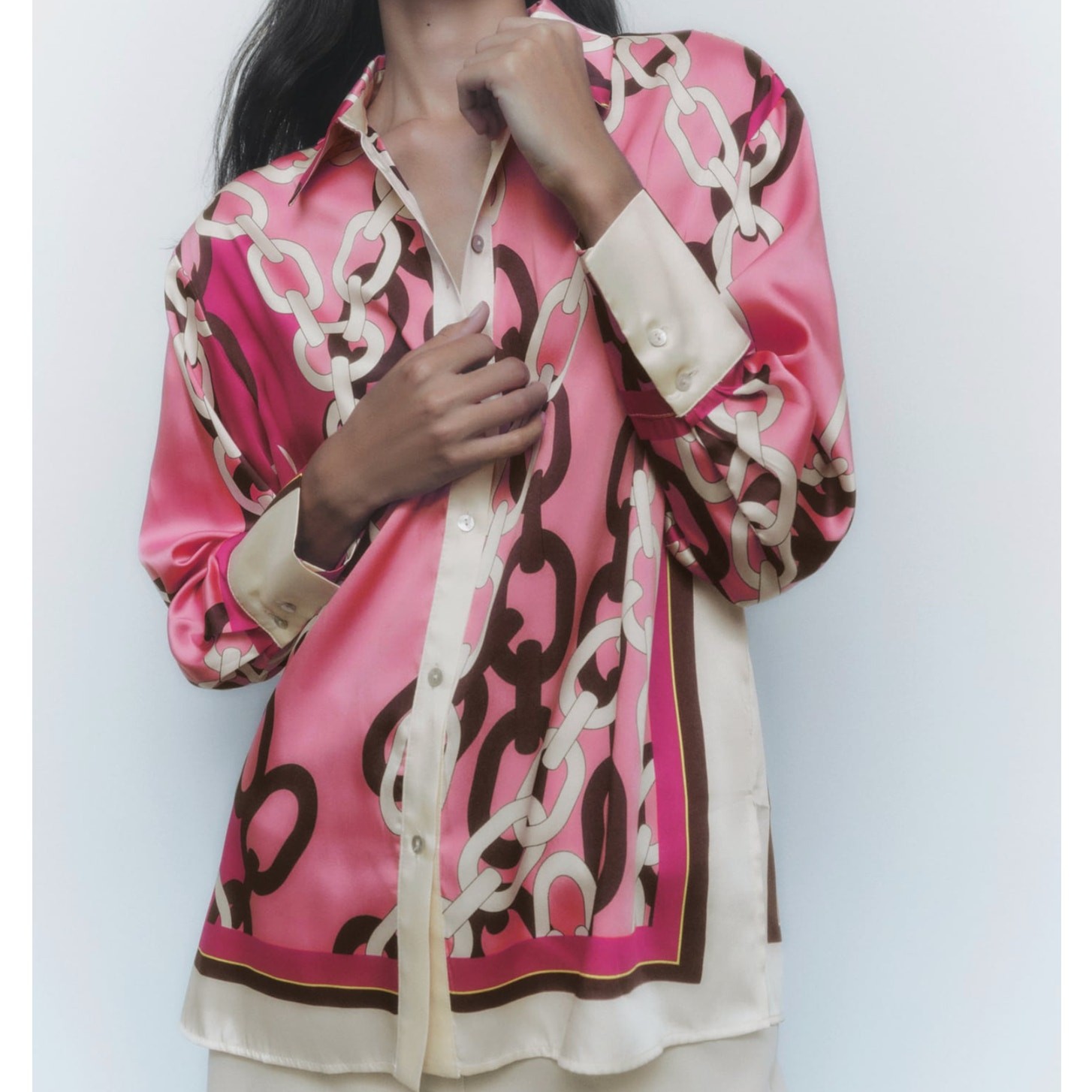 ZARA Woman Chain Print Long-Sleeve Button-down Satin Blouse FW22 Size Small EUC image 2