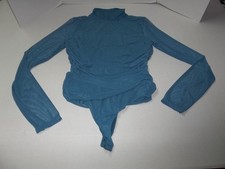 Womens Size L One Piece Leotard/Body Suit Blue Mesh Upper/Long Sleeve Shirt Mock