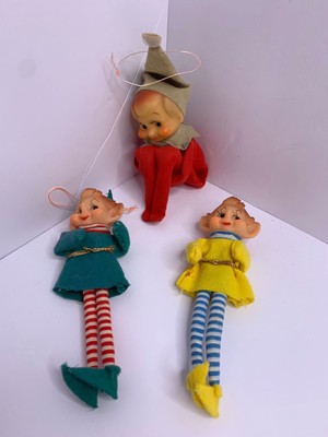 3 Vintage Made In Japan Kneehuggers Elves Pixies, Red, Green, Yellow
