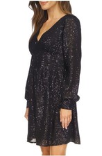 MICHAEL KORS Sequin Striped V Neck Mini Dress BLACK MEDIUM Excellent