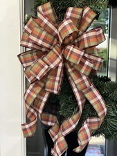 Handmade Large Fall Purple Orange Green Plaid Bow for Autumn Wreath 10 x 20 in.