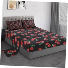 Size Bed Sheet Sets, Red Black Cherry Fruit Soft Microfiber 4 Pcs Full Cherries
