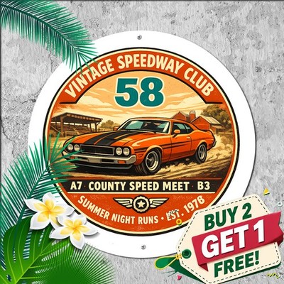 Retro Racing Team Orange Graphic Checkered Flag Round Metal Sign Garage Plaque