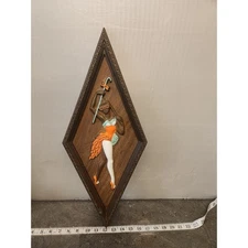 Mid Century Modern Lady Wall Plaque Diamond Shape Wood Frame Hand Colored Retro