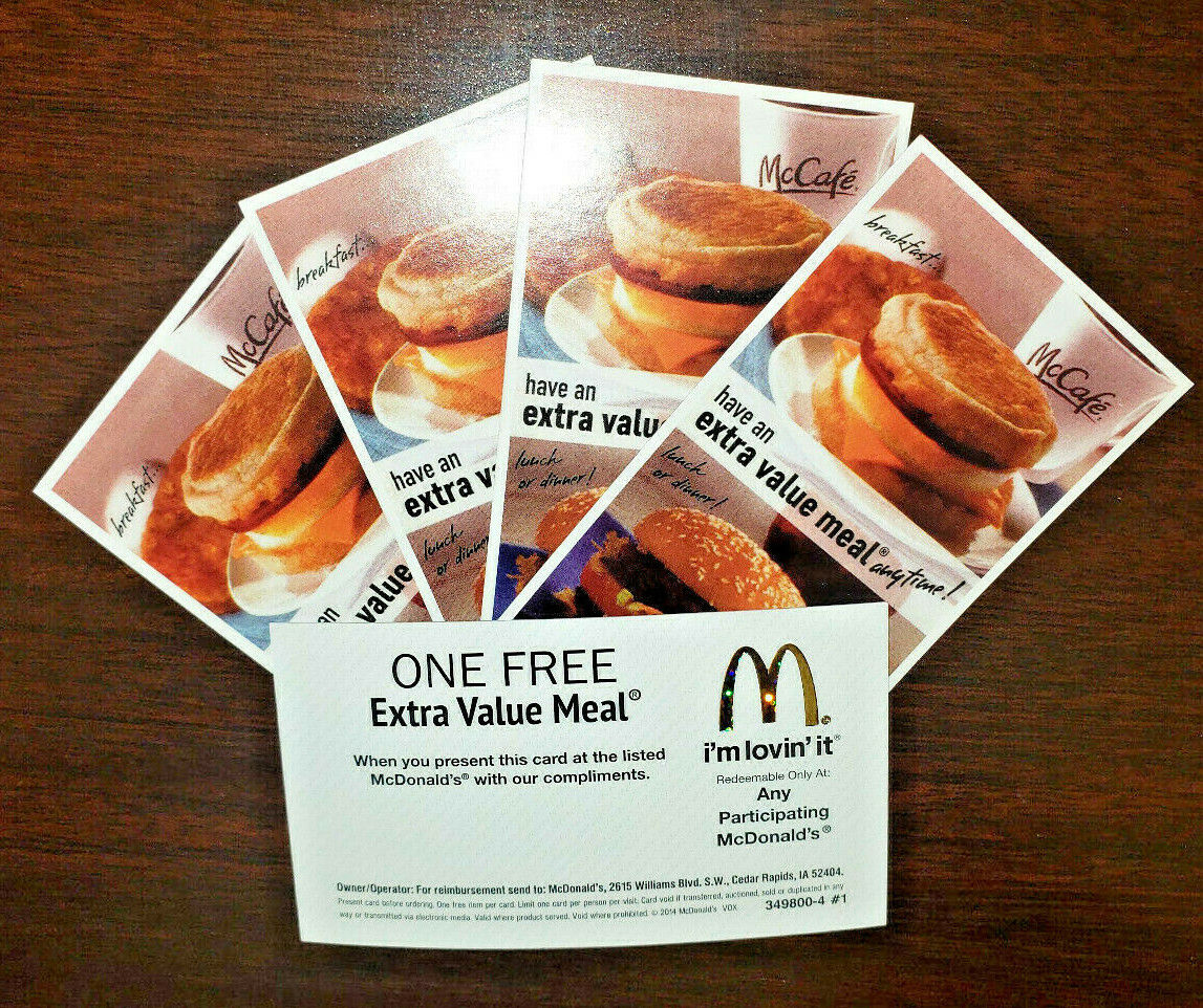 x20 MCDONALDS VOUCHERS -FREE- ANY EXTRA VALUE MEAL GOLD FOIL ON BACK.