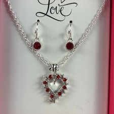 Heart Necklace And Earrings Set Red White Accents 18  Silver Tone Chain