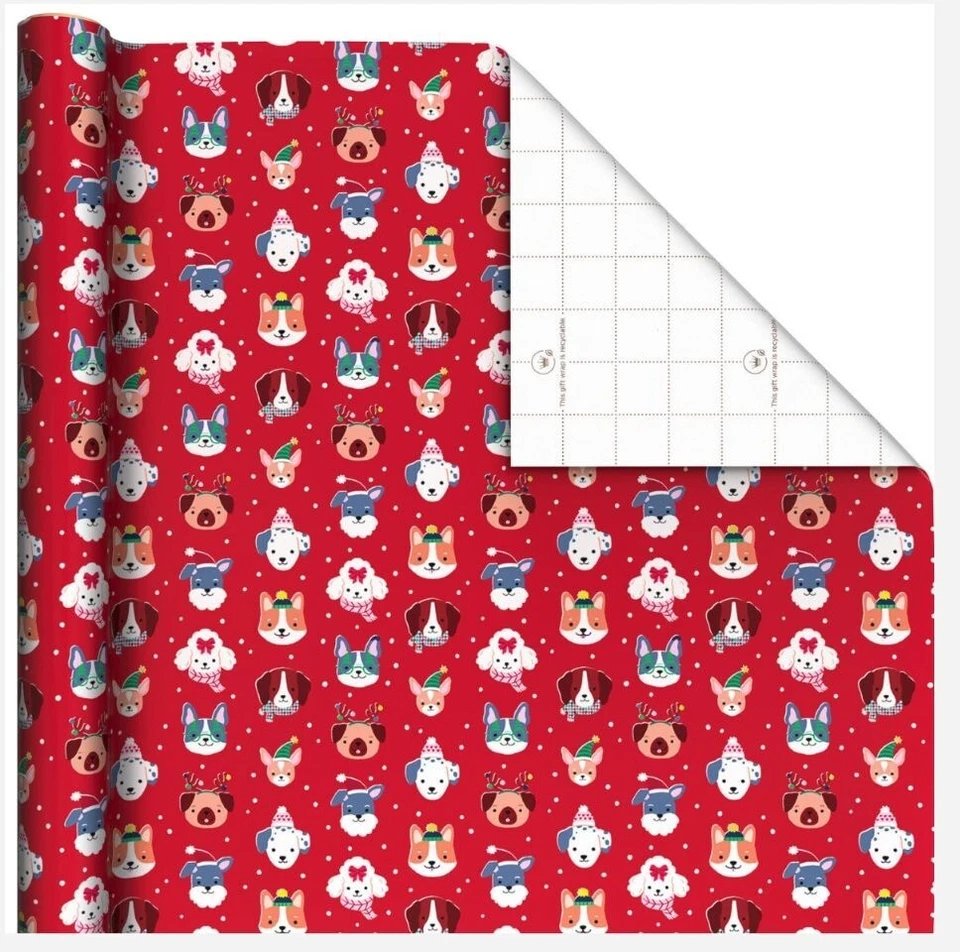 Hallmark Wrapping Paper Christmas Playful Pups Red 35 sq ft Roll Holiday Gift - Image 2 of 4