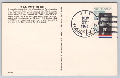 Postcard USS Hanson DD-832 with Ship Cancel Postmark 1965 | eBay