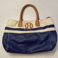 Tory Burch Stripe Blue and Cream Tote Bag 198160- Needs Lots of TLC