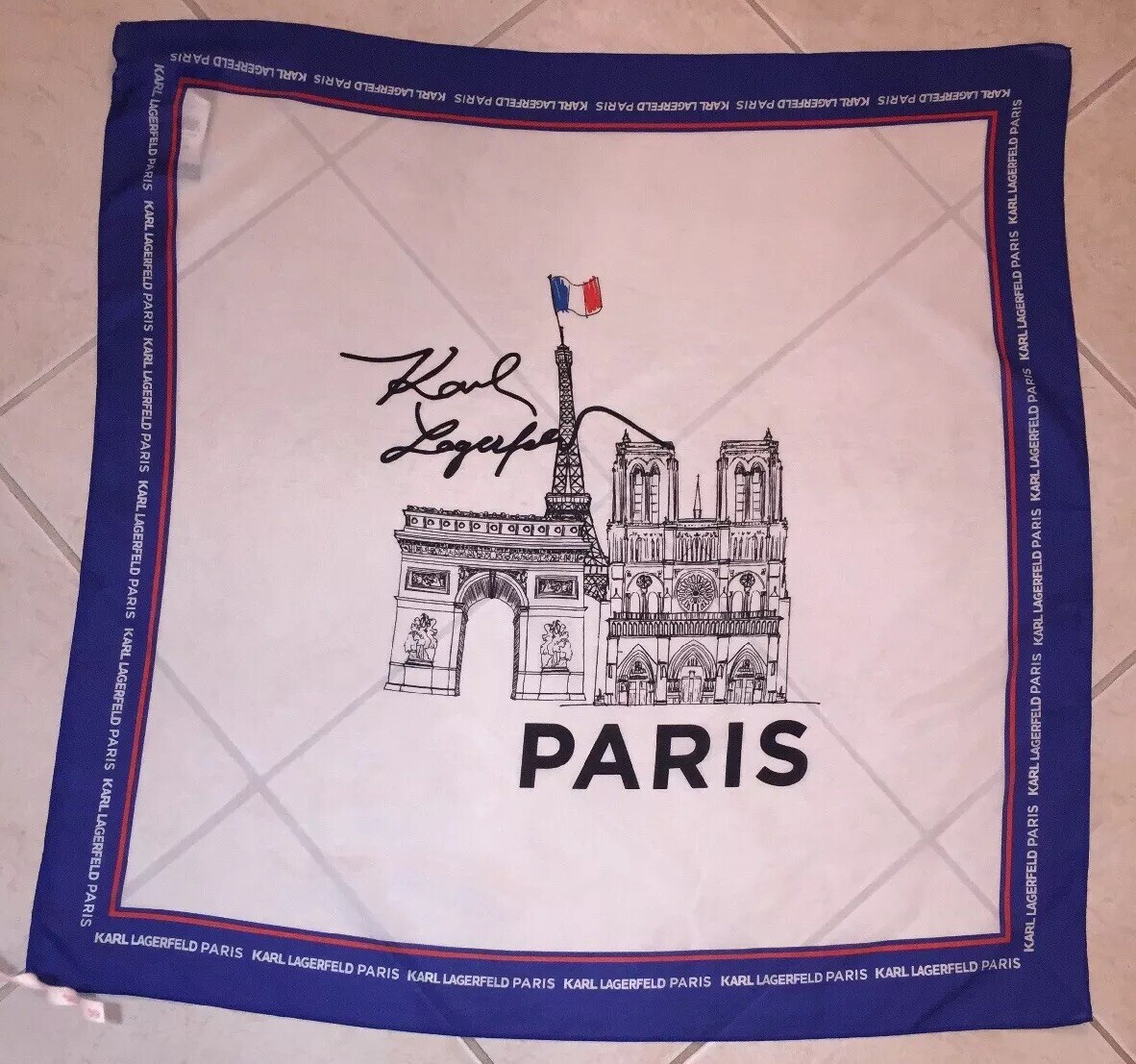 New Signed Karl Lagerfeld Silk Scarf Notre Dame Eiffel Tower Paris