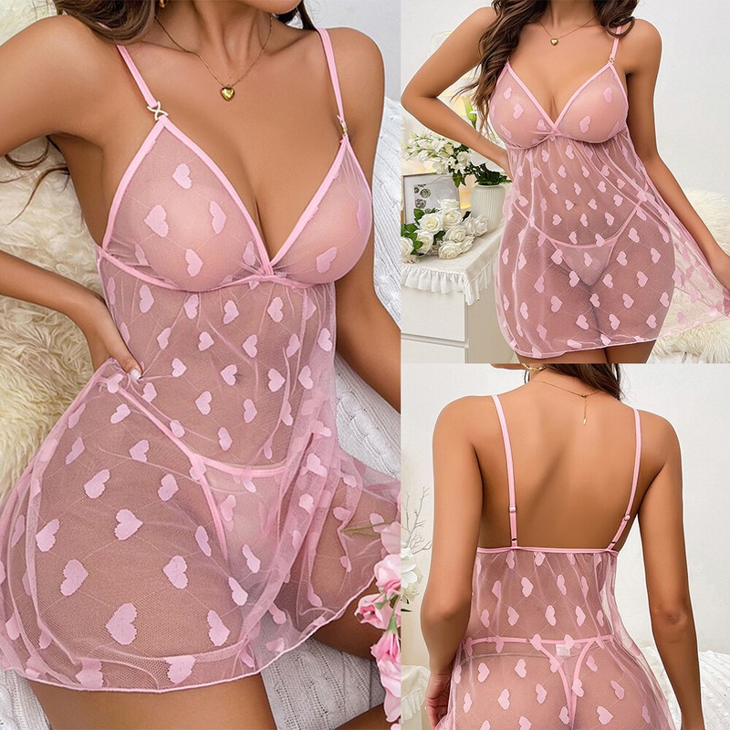 Pink Women's Sexy Babydoll Chemise See Thru Lingerie Sheer Mesh Nightwear M