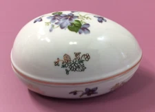 Vintage Lefton Egg Hand Painted Trinket Dish 2 Piece Japan Violets Gold Trim