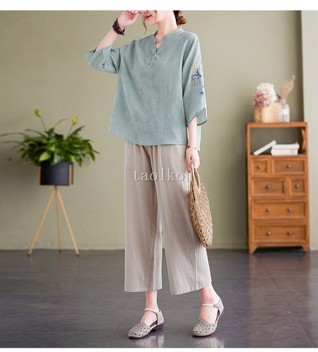 Women 3/4 Sleeve T Shirt Floral Embroidery Cotton Linen Blend Top Loose Fit Thin - Picture 8 of 27