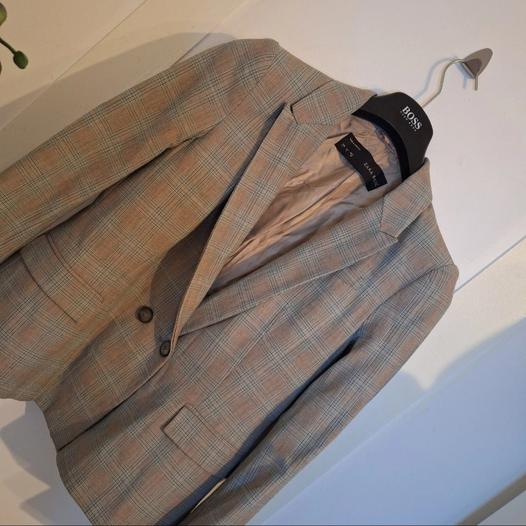 Zara Blazer Damen Größe 40 grau beige kariert | Sch-310