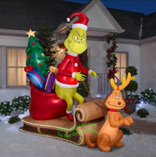 10' Animated Inflatable Christmas Dr.Seuss Micro LED Luxe Grinch on Sleigh w/Max