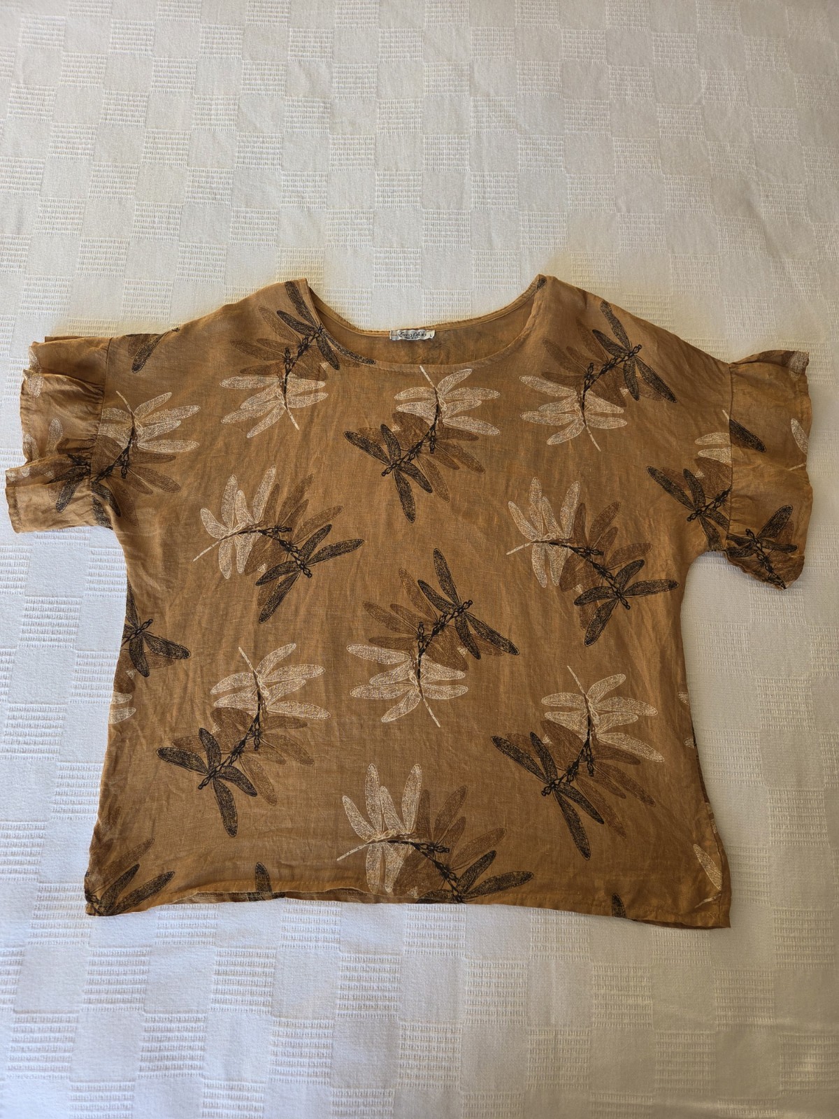 ELENA BALDI Women 100% Linen Dragonfly Ruffle Sleeve Top Brown Italy Size Large