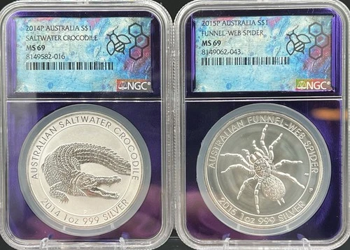 2014&2015 Australia 999 Silver Set 2oz-Crocodile and Spider NGC Purple Core MS69