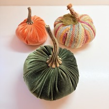Lot Of 3 Velvet Woven Pumpkins Fall Thanksgiving Soft Plush Fabric Decor