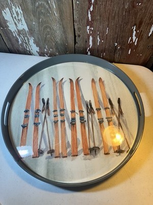 Mont Blanc 18  Round Serving Tray Vintage Wood Ski Design Rustic Alpine Read