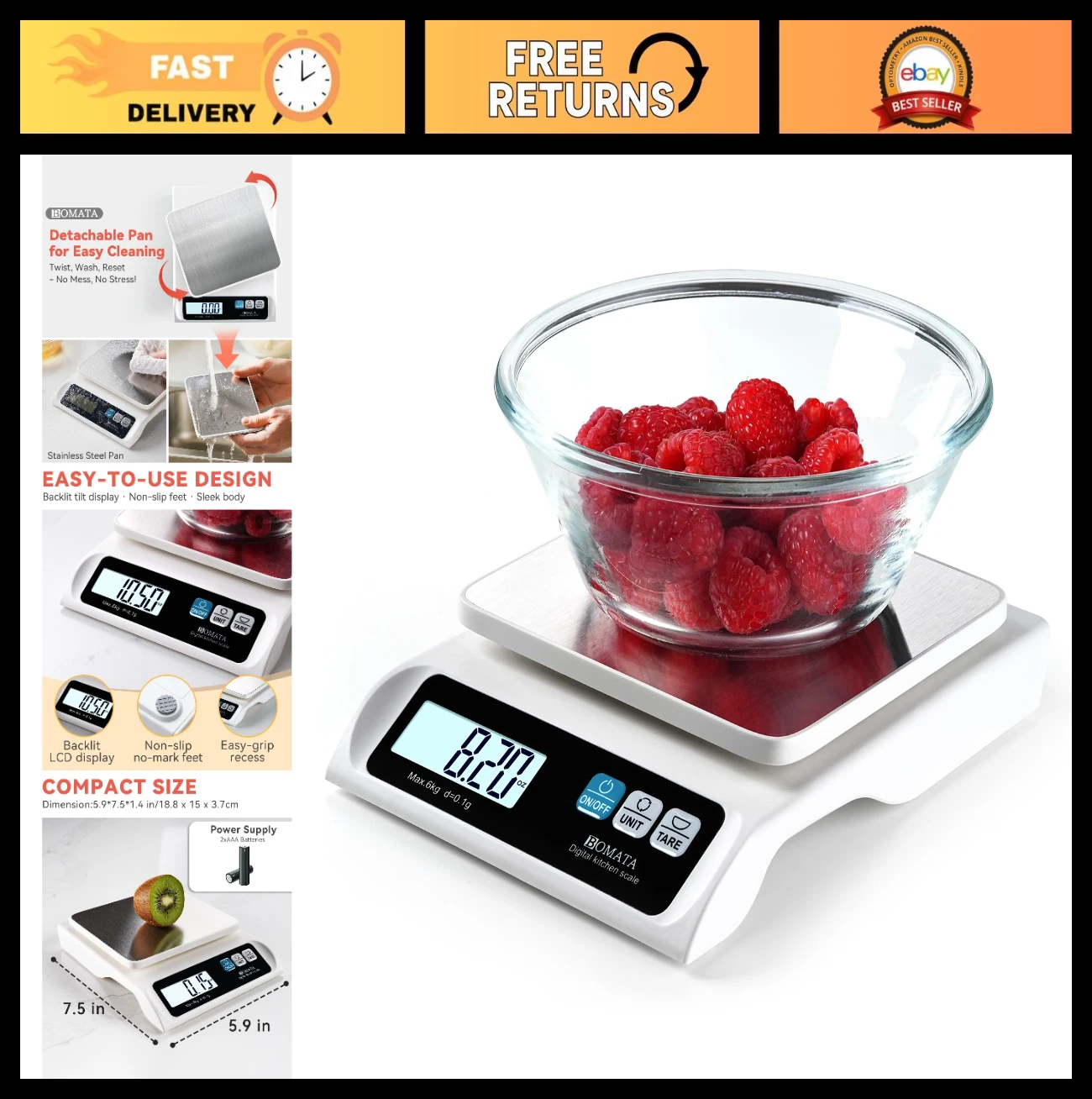 Digital Kitchen Scale 0.1g/13lb, Removable Stainless Steel Pan, LCD Display, Coo