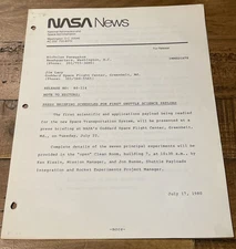 NASA News Release Press Briefing Scheduled For First Shuttle Science 07/1980