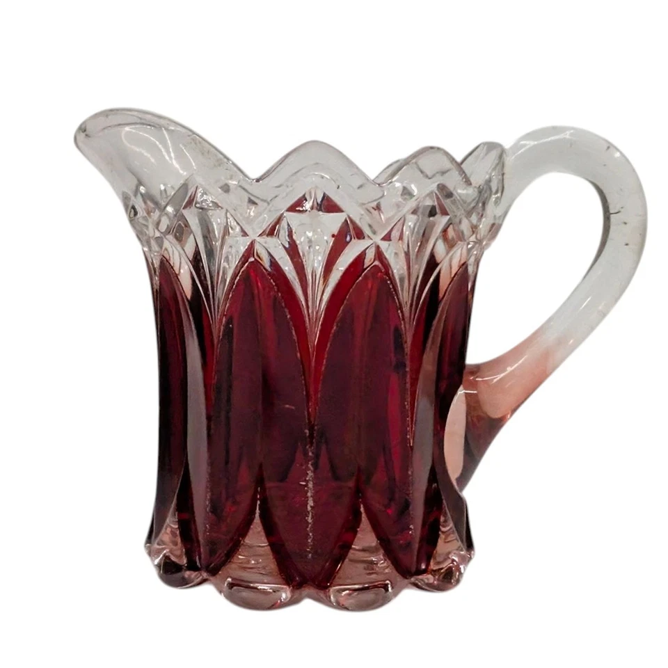 Vtg Ruby Stained Glass Pitcher Etched Victorian Style with Handle 4.5" x 4.5" - Image 2 of 4