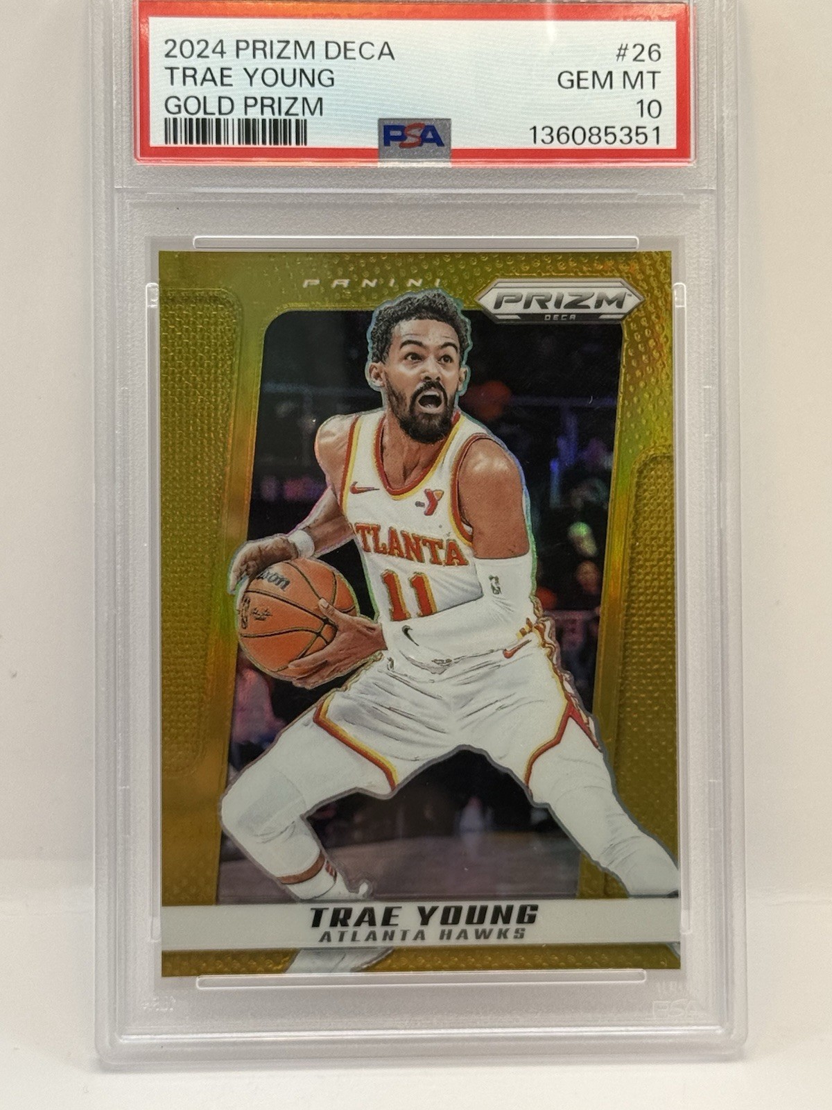Trae Young 2024-25 Prizm Deca #26 True Gold Prizm SP 07/10 PSA 10 POP 2