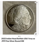 Lot of2 coins 2022 Indian Head Buffalo USA 1 troy oz .999 Fine Silver Round HM