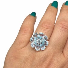 Blue Topaz Flower Ring Size 8 Solid 925 Sterling Silver Daisy Multi Stone