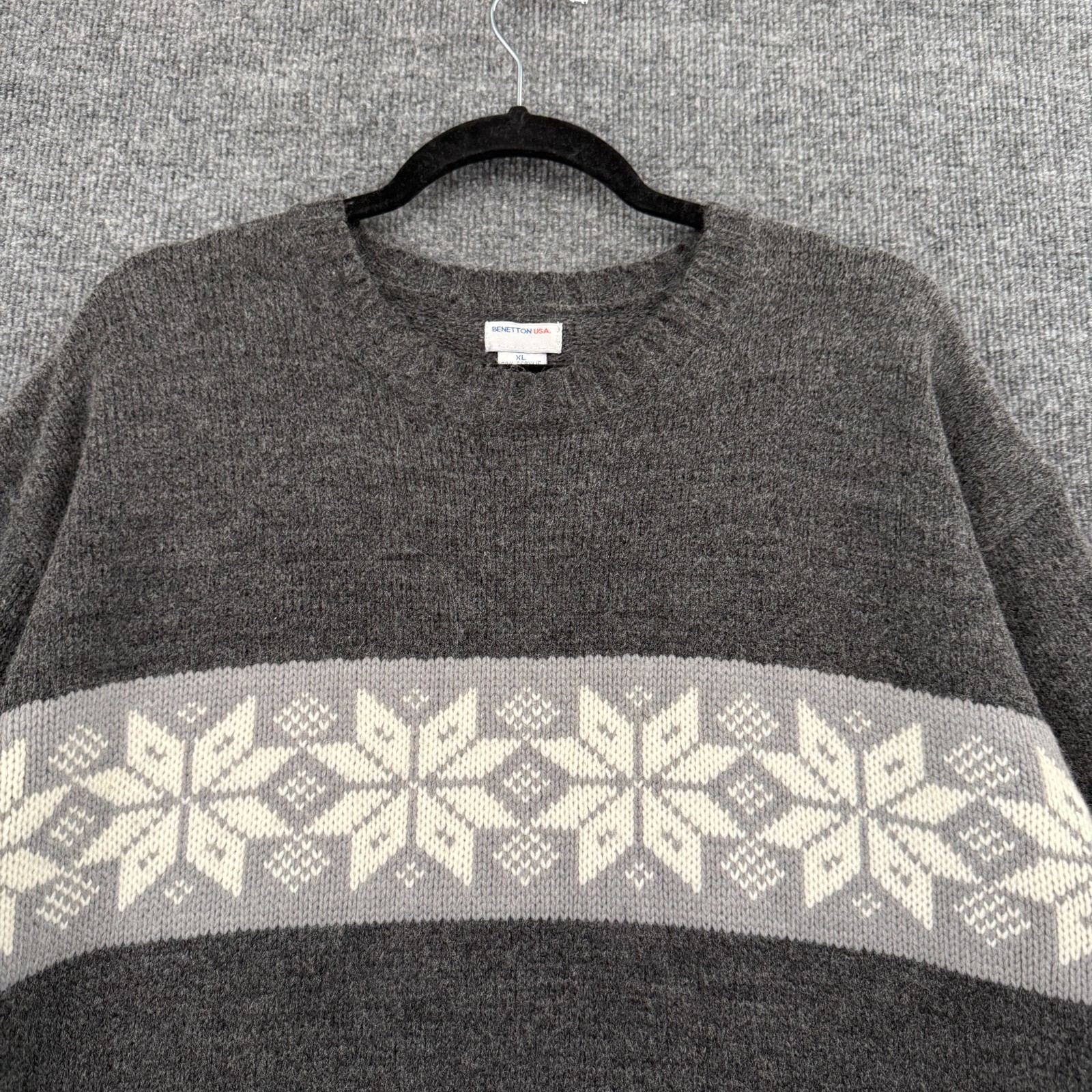 Vtg Benetton USA Sweater Womens XL Gray Snowflake Fair Isle Oversized Wool Blend image 2