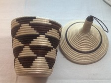African Rwandan 9” Tutsi BASKET Woven Handmade w/Coiled PoInted Lid