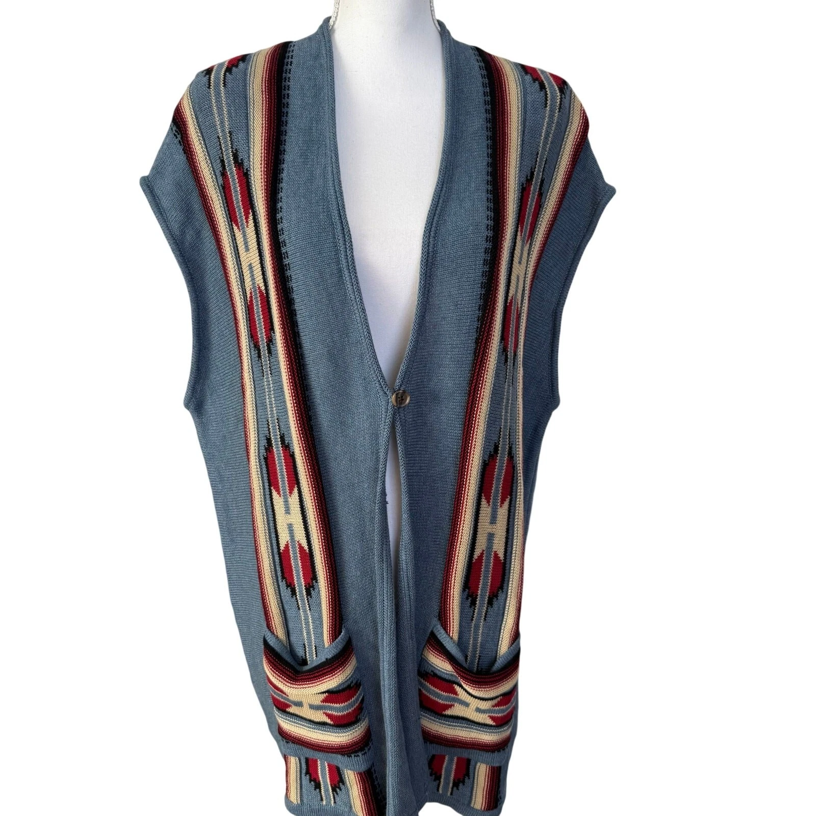 Champs Poncho Cape Cardigan Sweater Women's Size 2X Blue Cotton Blend Aztec NWT